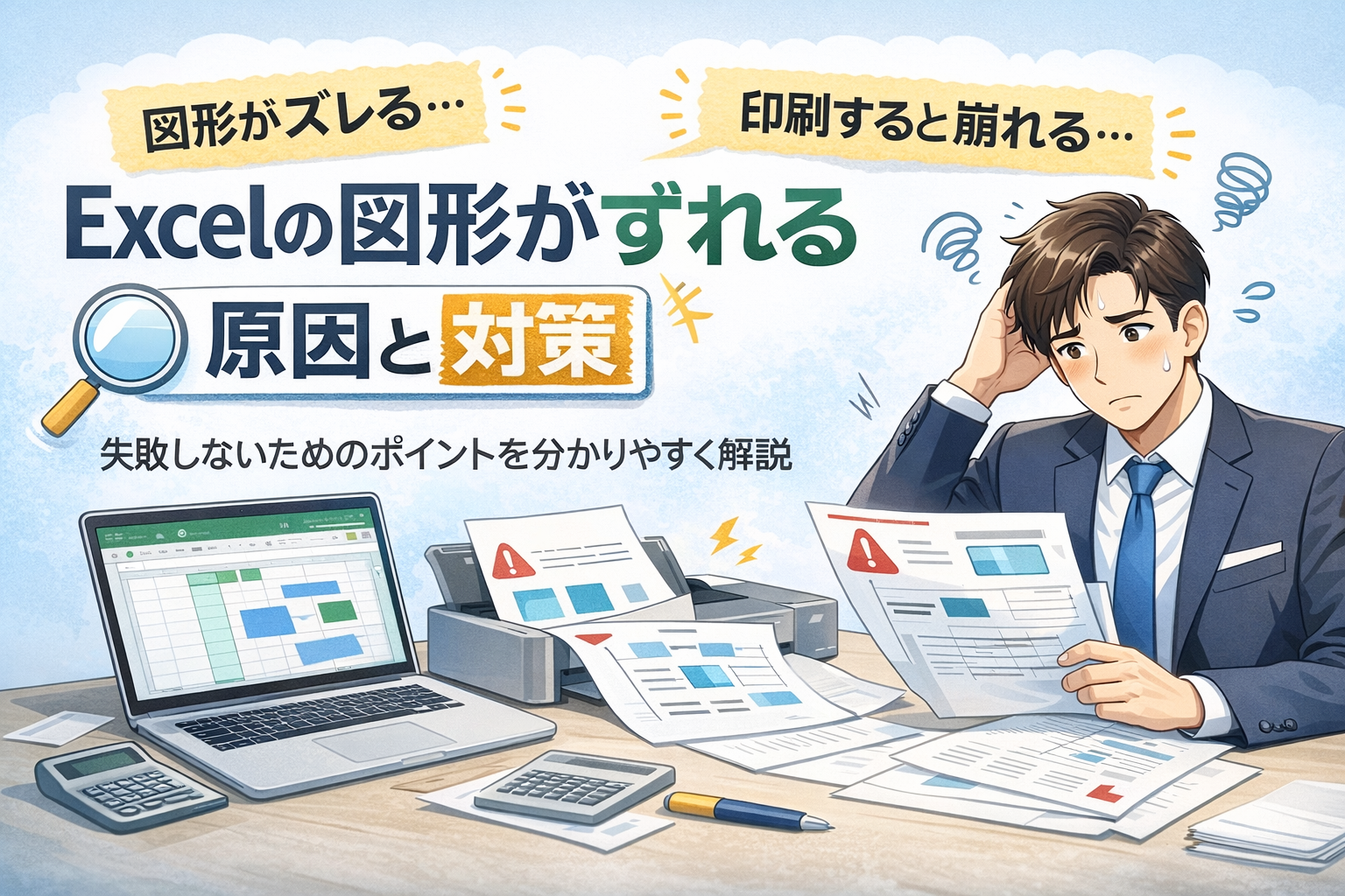 Excelの図形がずれて印刷され、困っているビジネスパーソンのイラスト