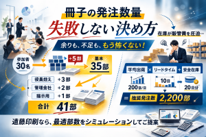 冊子部数の最適解　- 不足と在庫を同時に減らす思考法 - 不安を抱える印刷発注者へ向けた解決策をうたう画像