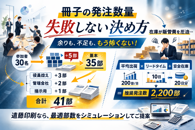 冊子部数の最適解　- 不足と在庫を同時に減らす思考法 - 不安を抱える印刷発注者へ向けた解決策をうたう画像