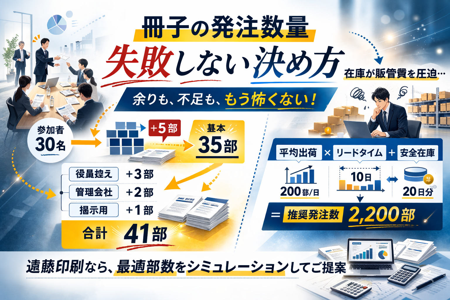 冊子部数の最適解　- 不足と在庫を同時に減らす思考法 - 不安を抱える印刷発注者へ向けた解決策をうたう画像