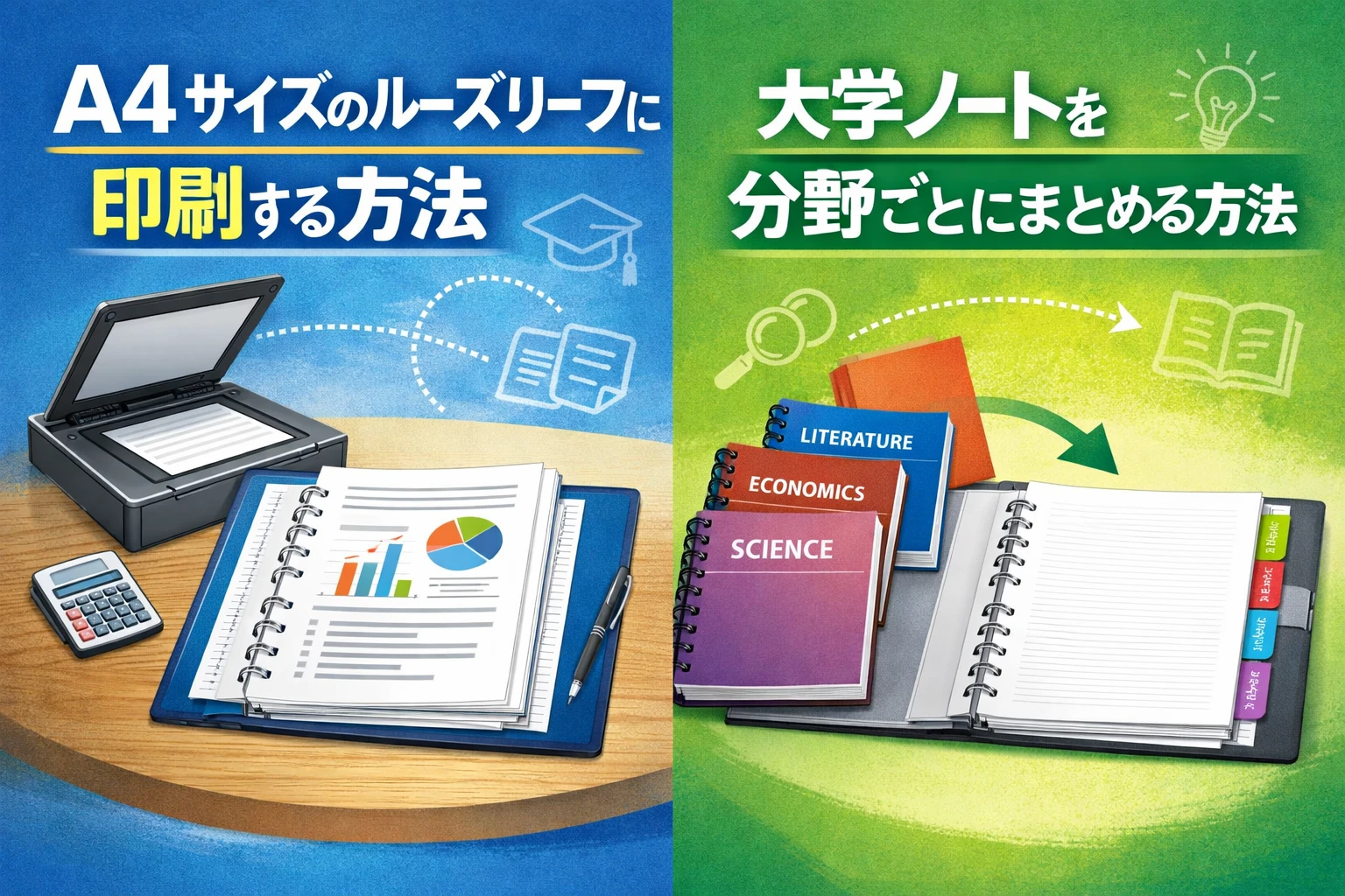 A4サイズのルーズリーフに印刷する方法　大学ノートを分野ごとにまとめる方法