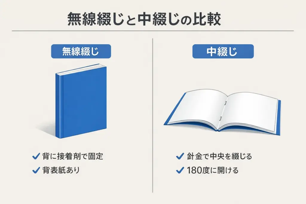 無線とじ、中綴じの違いのイメージイラスト
